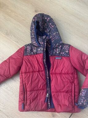 Patagonia Girls' Red Reversible Puffer Jacket with Patterned Hood Trim